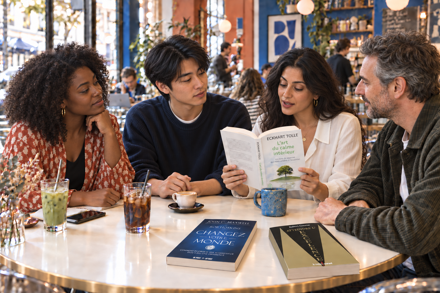 Une femme lit L’art du calme intérieur d’Eckhart Tolle à trois personnes qui l’écoutent, autour d’une table ivoire cerclée d’or, avec Changez votre monde de John C. Maxwell et Rob Hoskins et Atteindre l’excellence de Robert Greene.