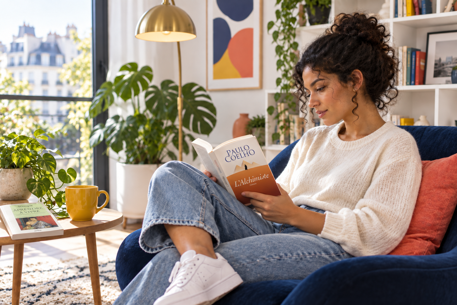 Une jeune lectrice lit Le plus grand défi de l’histoire de l’humanité de Paulo Coelho, avec Apprendre à vivre de Sénèque sur la table dans un intérieur contemporain lumineux.