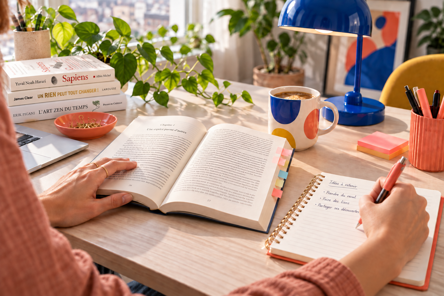 Une lectrice en chemise terracotta prend des notes en français, avec Sapiens, Un rien peut tout changer et L’art zen du temps sur son bureau.